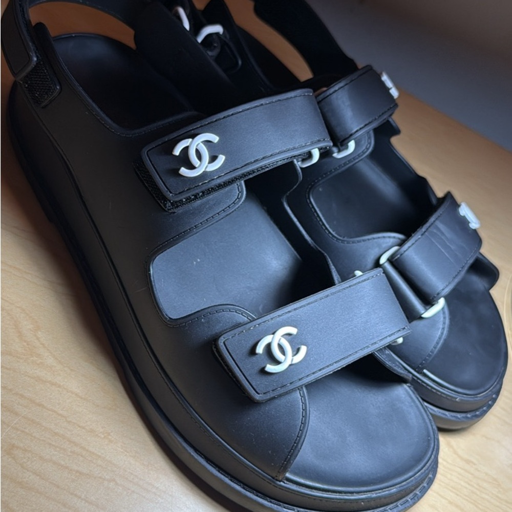 CHANEL Black Dad Sandals with Logo